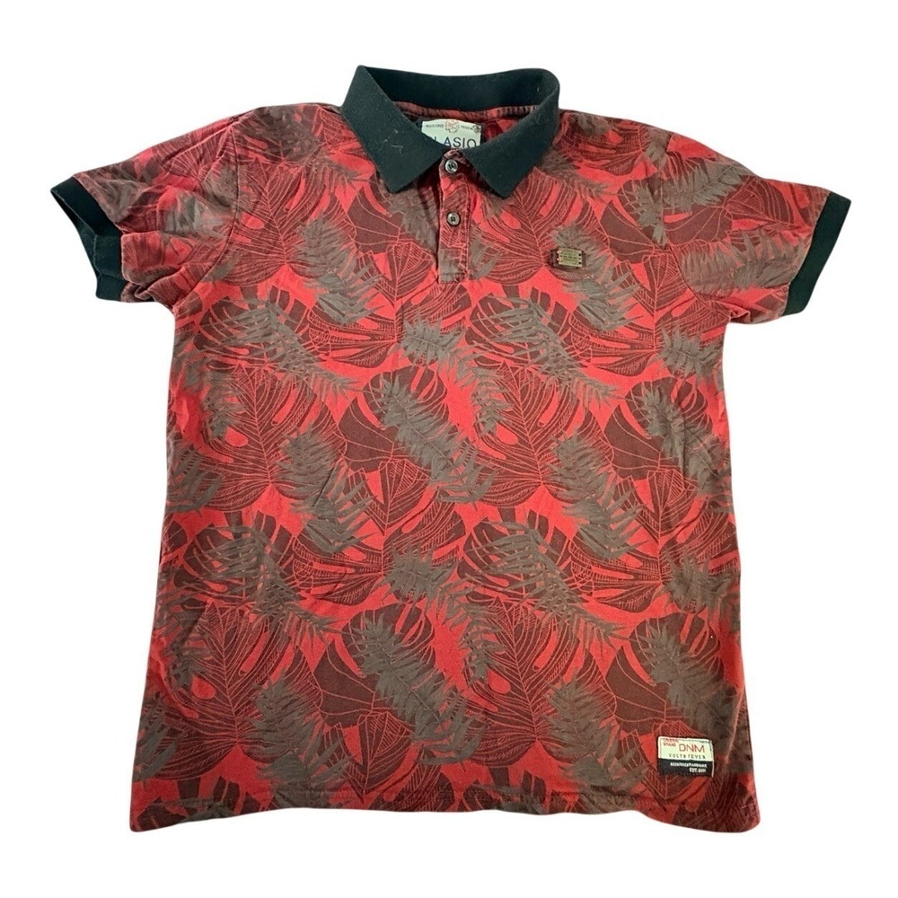 Plasio Denim Polo Shirt Mens Medium Red Tropical Leaf Print Cotton Stretch‎ Knit